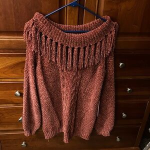 NWT amazing red heavy sweater. Cowl neck. Fringed top.
